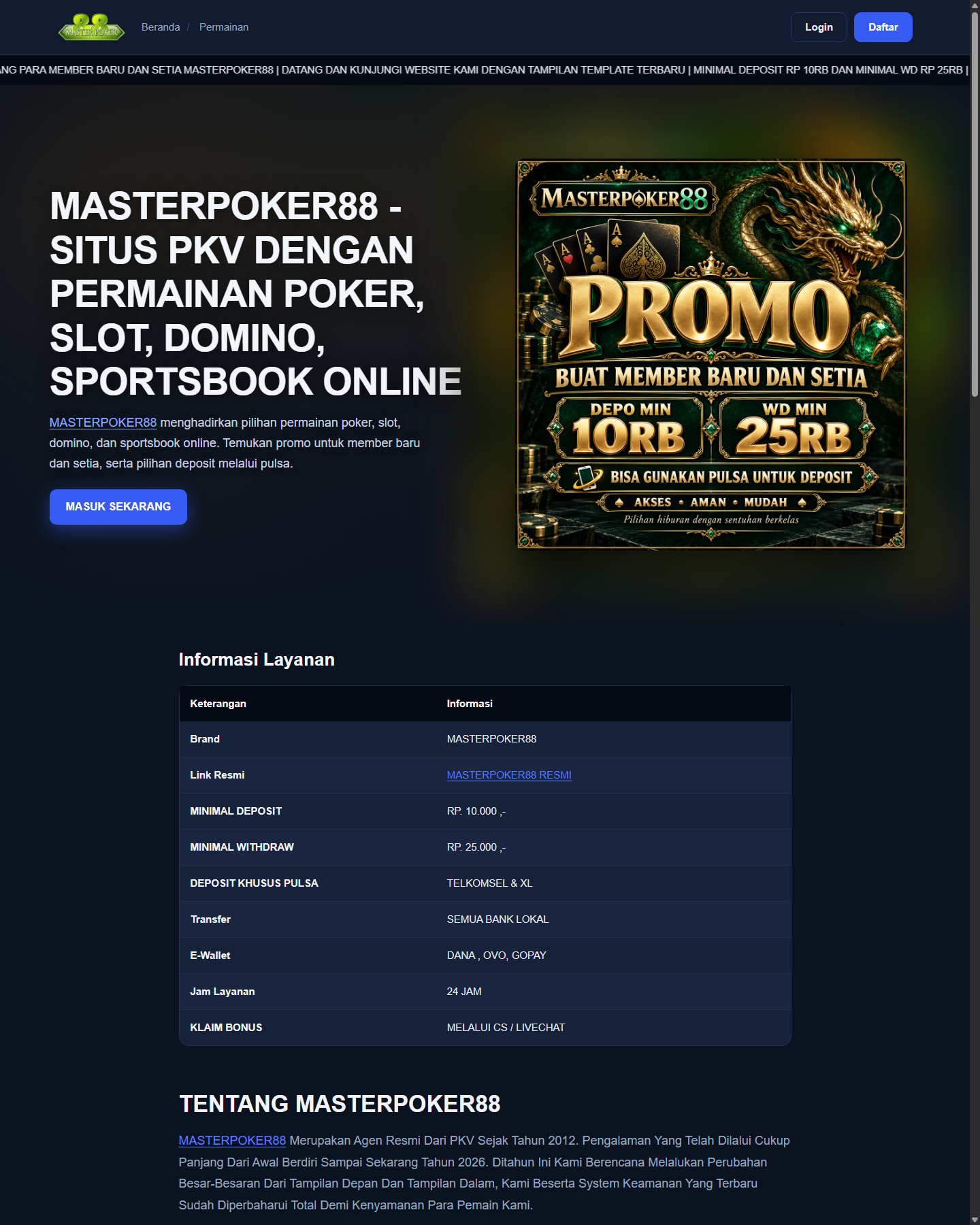 Tangkapan layar elossecurity.com yang menampilkan MASTERPOKER88 dan tabel informasi layanan